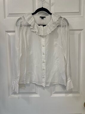 J. Crew White Eyelet Ruffle Collar Button-Down Blouse